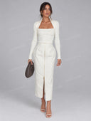 Elegant Square Neck Top & Front Zip Midi Skirt Set