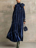 Pleated Velvet Cold Shoulder Floral Maxi Dress