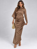 Elegant Asymmetric Sleeve Ruched Satin Maxi Dress
