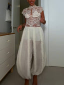 Elegant Lace Bodysuit & Bubble Pants Two-Piece Set