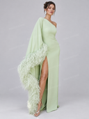 Elegant Feather Trim One Shoulder Slit Maxi Dress