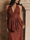 Elegant Halter Neck Lace Peplum Maxi Dress