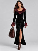 Velvet Faux Fur Trim Button Front Maxi Dress